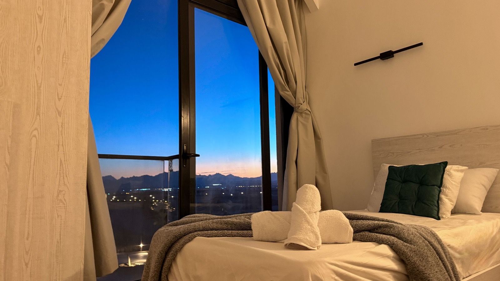 Twin bedroom at blue hour