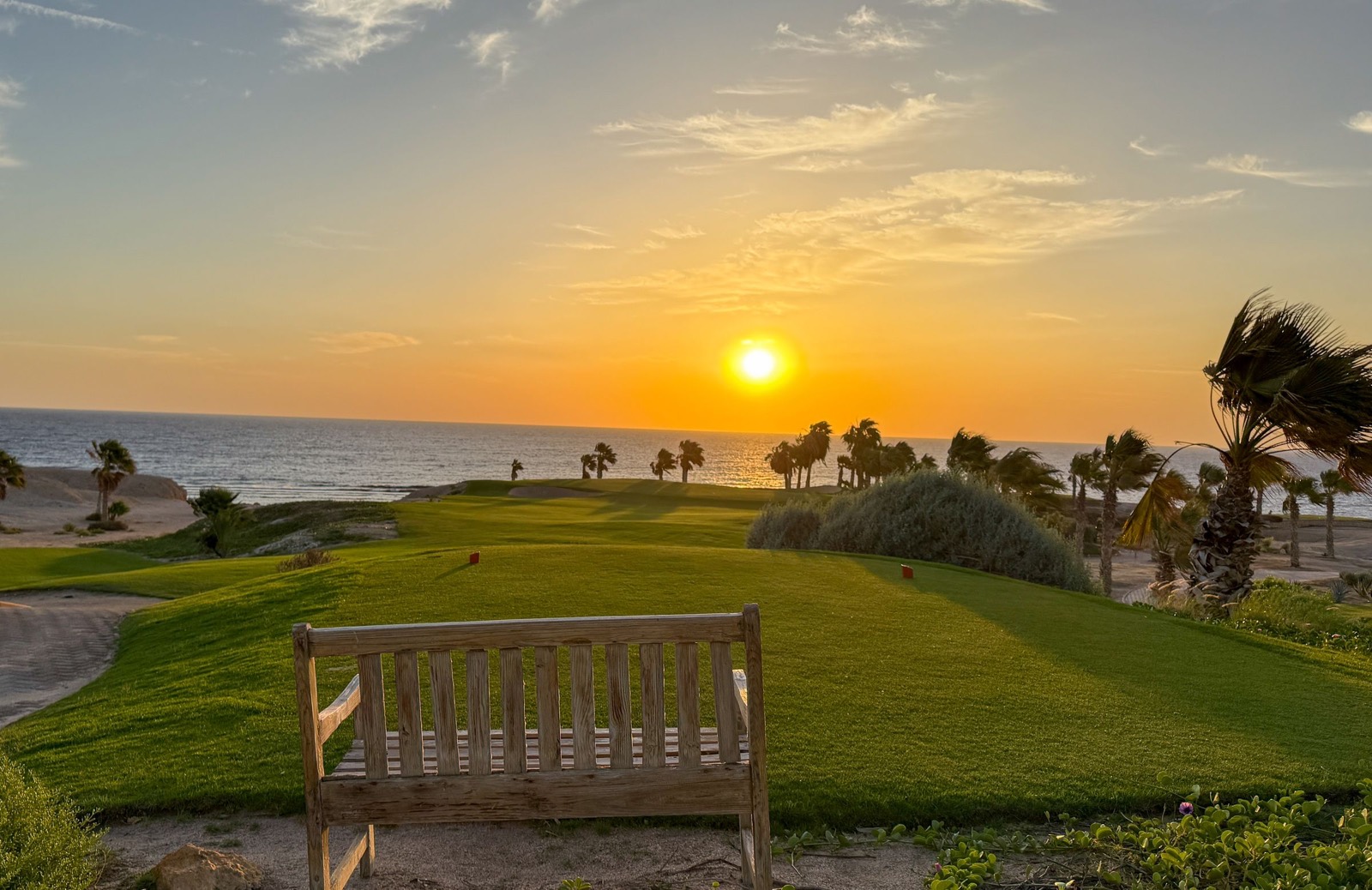 Golf course and bench facing the sea at sunrise