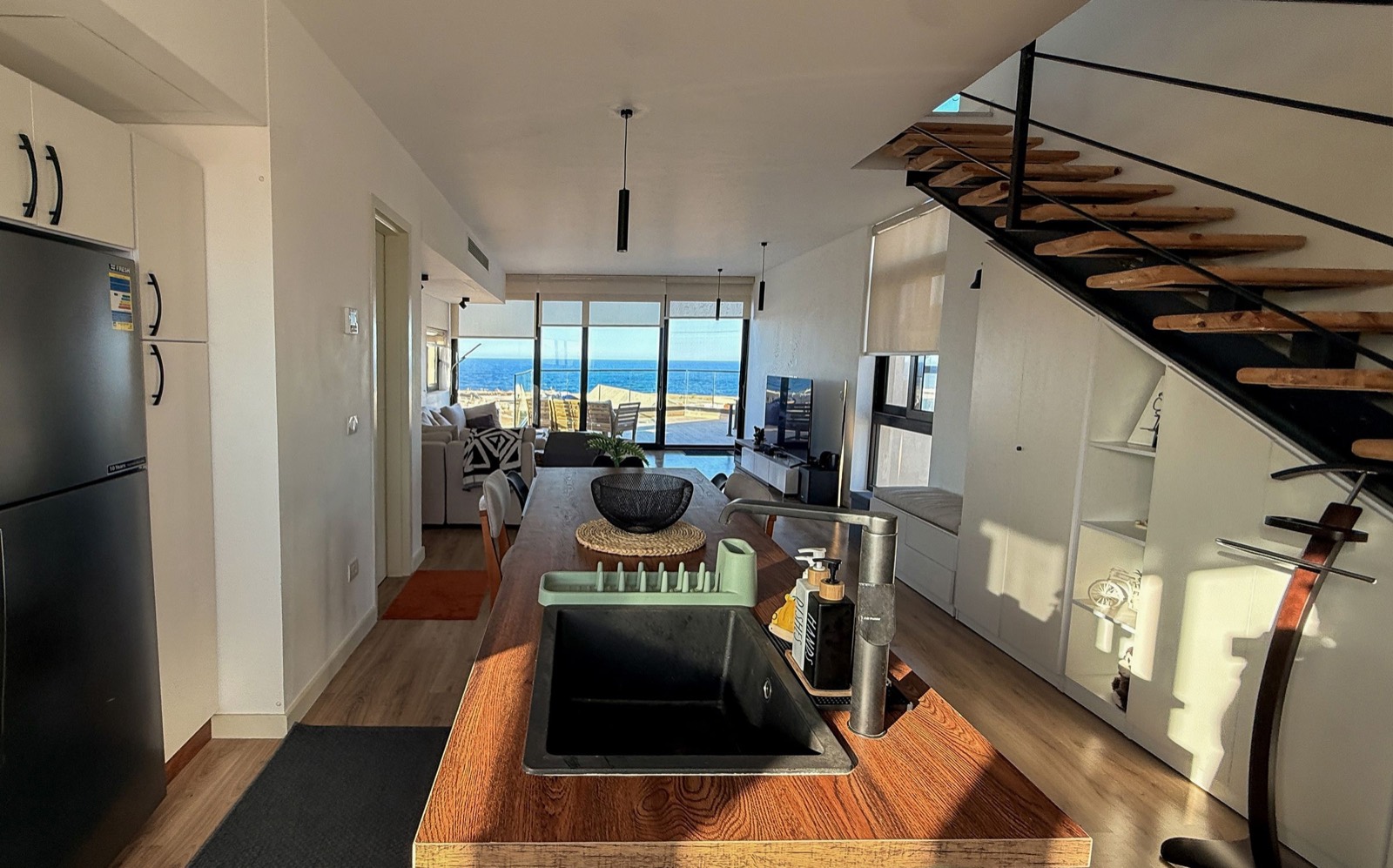 Kitchen with the sun low over the mountains