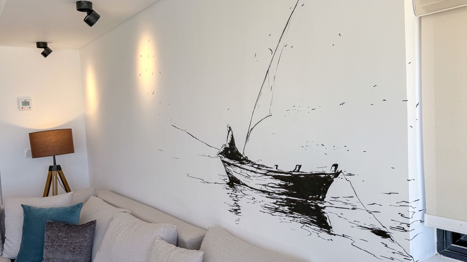 Hand-painted boat mural in the living room