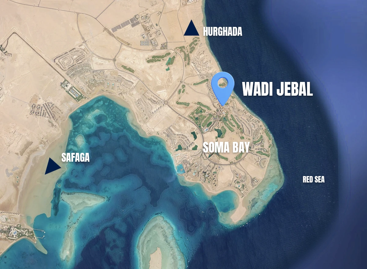 Satellite map of Soma Bay on the Red Sea, with the Wadi Jebal area marked, Hurghada to the north and Safaga to the south
