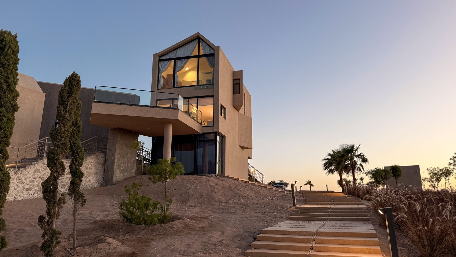 The lodge and its steps at sunset