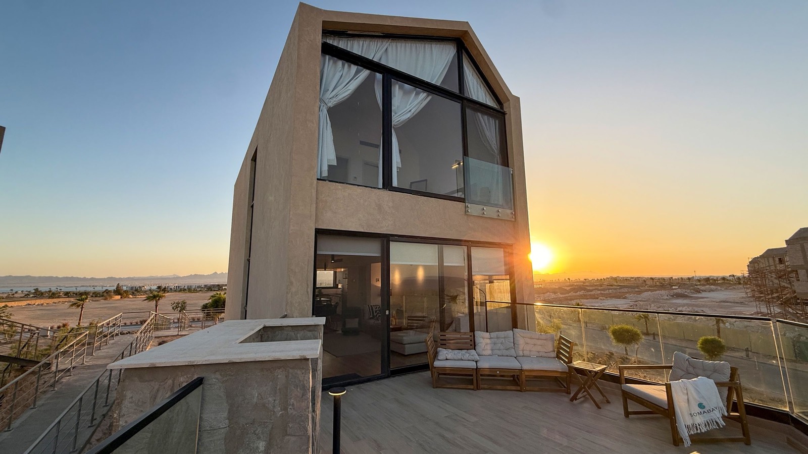 Terrace and living room at golden hour