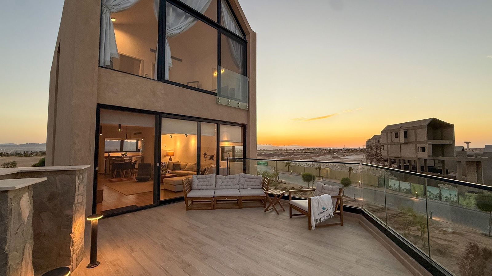 The lodge and terrace at sunset
